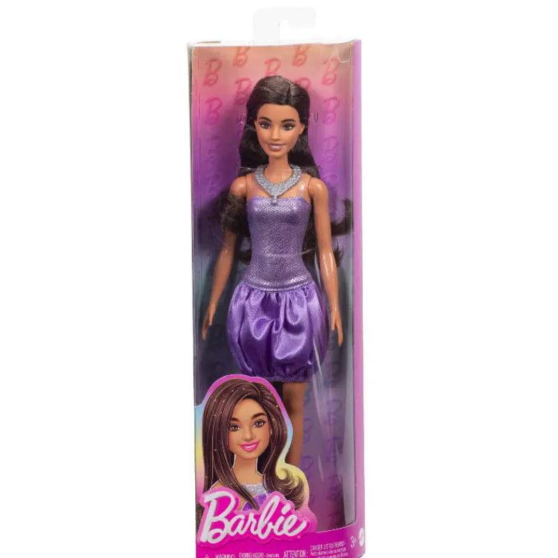 MATTEL Barbie Lalka Fashionistas brązowe włosy fioletowa cekinowa sukienka HYT92