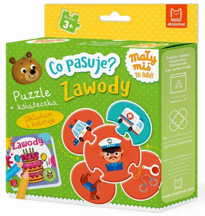 Dzieci AKSJOMAT Co pasuje? Zawody. Puzzle + książeczka