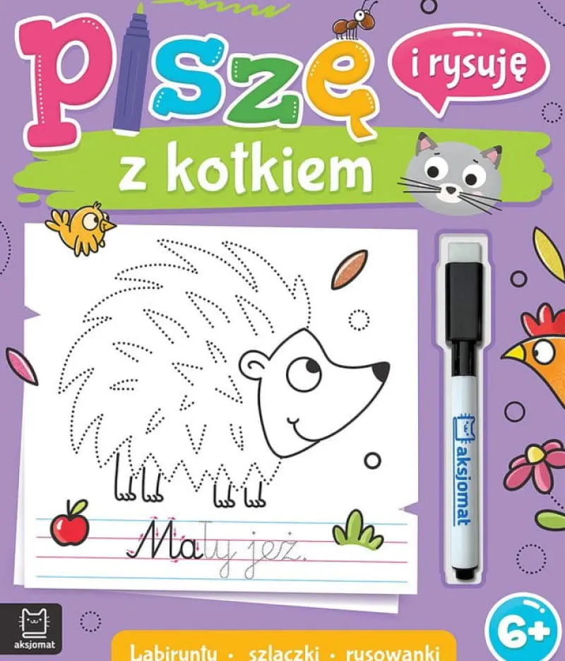 Dzieci AKSJOMAT Książeczka Piszę i rysuję z kotkiem. Labirynty, szlaczki, rysowanki. Ścieralny pisak