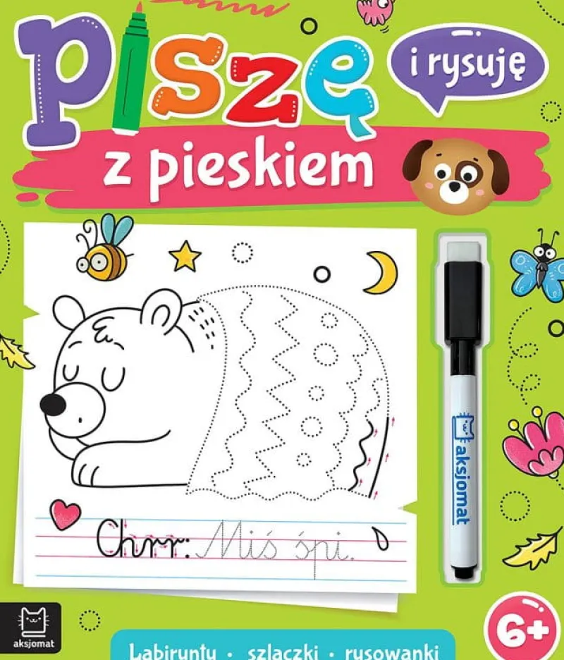 Dzieci AKSJOMAT Książeczka Piszę i rysuję z pieskiem. Labirynty, szlaczki, rysowanki. Ścieralny pisak