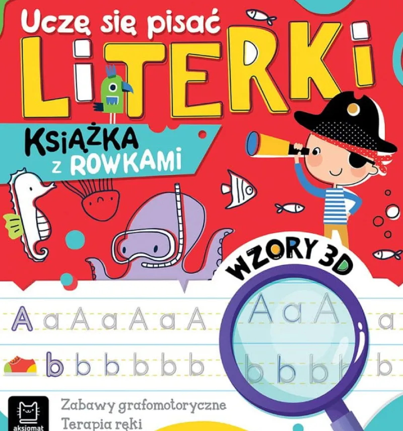 Dzieci AKSJOMAT Książeczka Uczę się pisać literki. Książka z rowkami. Wzory 3D. Zabawy grafomotoryczne, terapia ręki