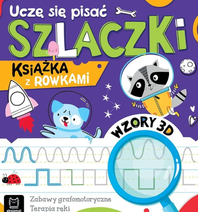 Dzieci AKSJOMAT Książeczka Uczę się pisać szlaczki. Książka z rowkami. Wzory 3D. Zabawy grafomotoryczne, terapia ręki