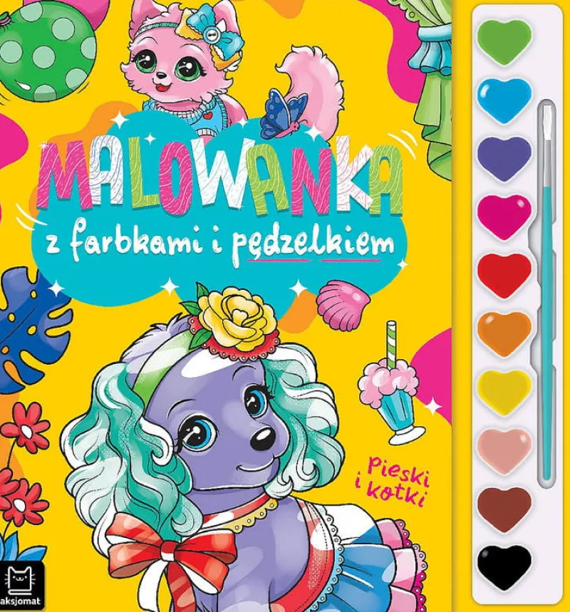 Dzieci AKSJOMAT Malowanka z farbkami i pędzelkiem. Pieski i kotki