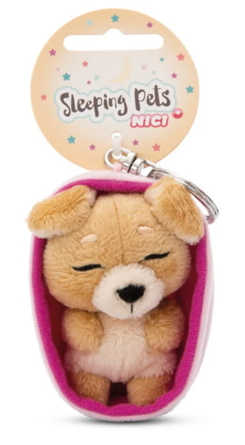 NICI 49993 Brelok Sleeping Pets pies brązowy jasny 8cm, koszyk różowy