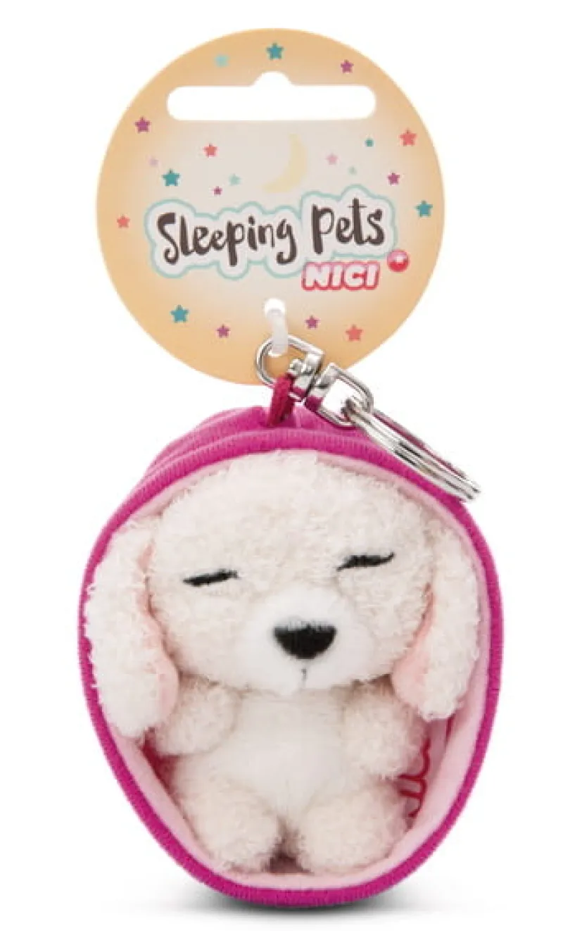 NICI 49992 Brelok Sleeping Pets pies pudel biały 8cm, koszyk różowy