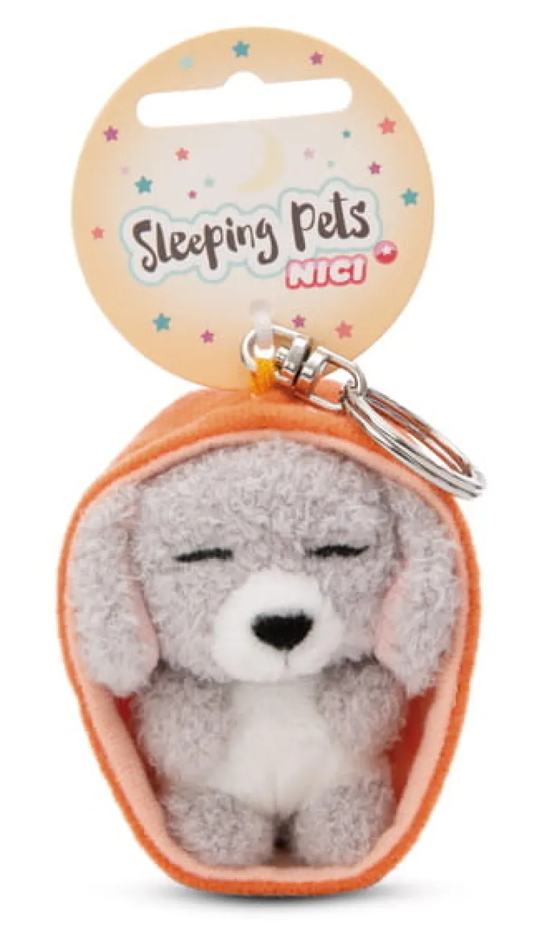 NICI 49991 Brelok Sleeping Pets pies pudel szary 8cm, koszyk pomarańczowy