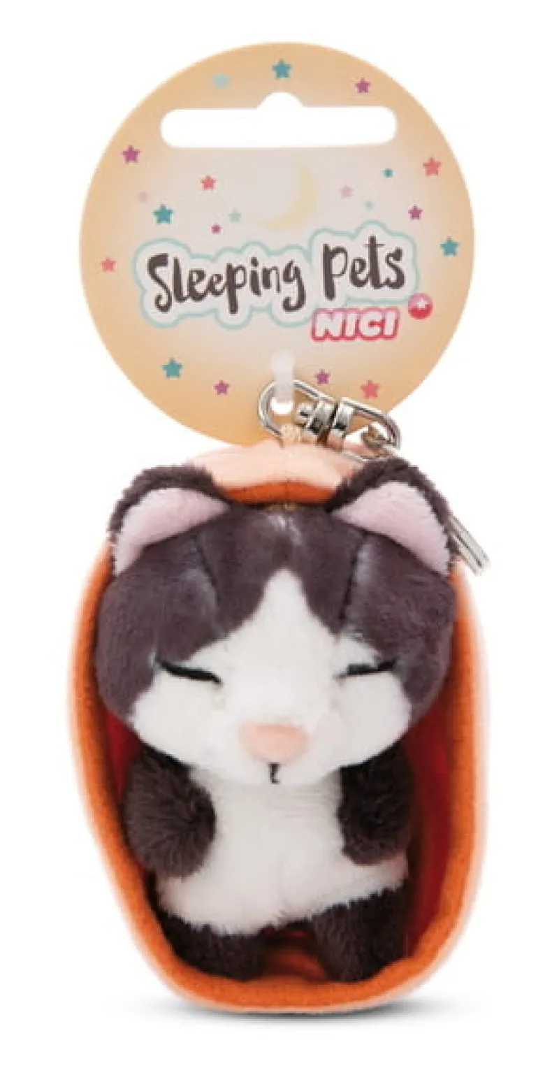 NICI 49986 Brelok Sleeping Pets kot czarny 8cm, koszyk pomarańczowy