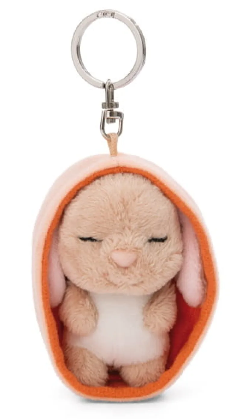 NICI 49984 Brelok Sleeping Pets królik karmelowy z długimi uszami 8cm, koszyk pomarańczowy