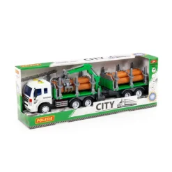 POLESIE 96081 "City", samochód do przewozu dłużycy z przyczepą inercyjny, ze światłem i dźwiękiem, zielony w pudełku