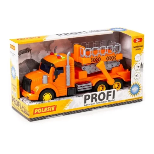 POLESIE 89779 "Profi" samochód z podnośnikiem inercyjny, pomarańczowy, ze światlem i dźwiekiem w pudelku