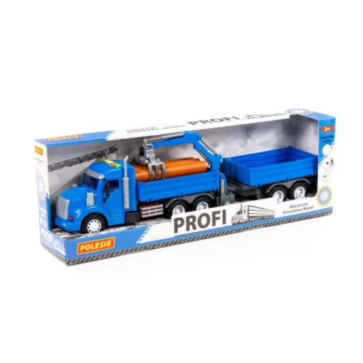 POLESIE 96159 "Profi", samochód burtowy z podnośnikiem i przyczepą inercyjny, ze światłem i dźwiękiem, niebieski w pudełku