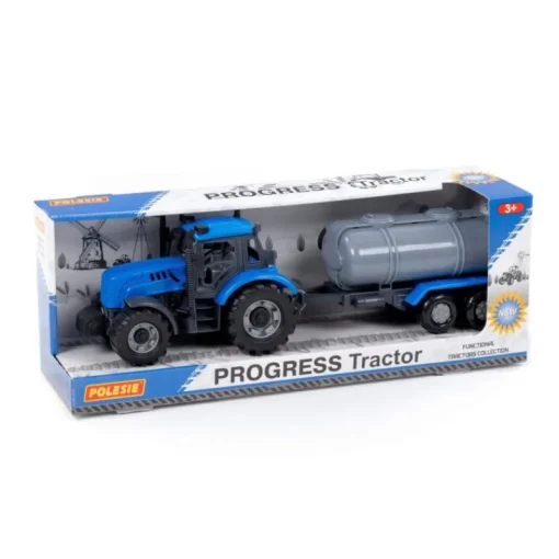 POLESIE 91550 Traktor Progress inercyjny z przyczepą cysterną, niebieski w pudełku