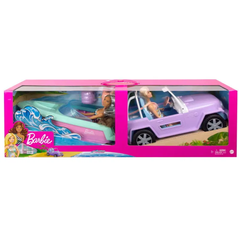 MATTEL PROMO BARBIE 2 lalki, Jeep i motorówka GXD66