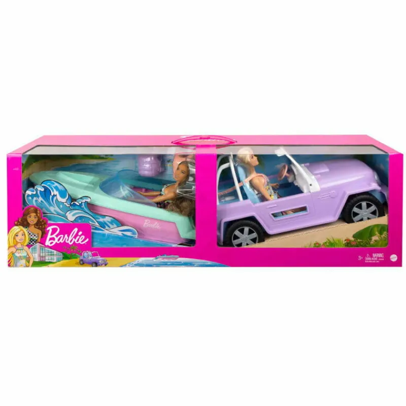 MATTEL PROMO BARBIE 2 lalki, Jeep i motorówka GXD66