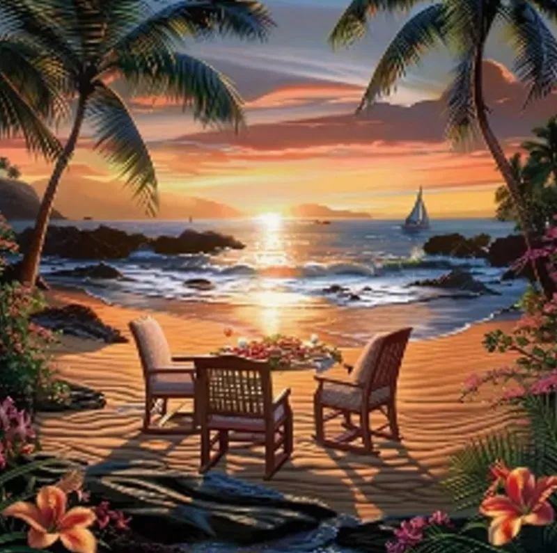 NORIMPEX PROMO Diamentowa mozaika Zachód słońca przy ognisku na tropikalnej plaży 30x40cm 2001538