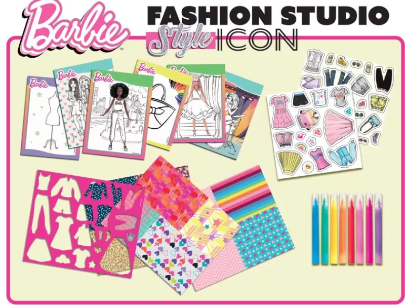 Dzieci LISCIANI GIOCHI Szkicownik Barbie Fashion Studio Style Icon 12839 + 8 pisaków, arkusz ze wzorami, naklejki