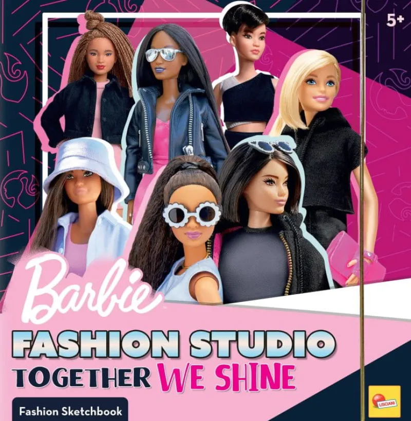 Dzieci LISCIANI GIOCHI Szkicownik Barbie Fashion Studio Together We Shine 12808 + 8 pisaków, szablon ze wzorami, naklejki