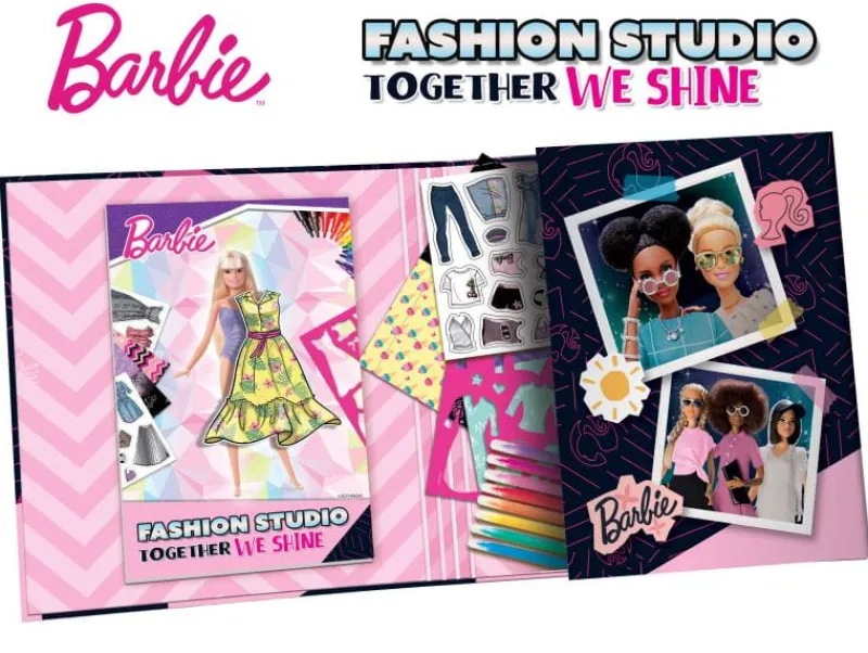 Dzieci LISCIANI GIOCHI Szkicownik Barbie Fashion Studio Together We Shine 12808 + 8 pisaków, szablon ze wzorami, naklejki