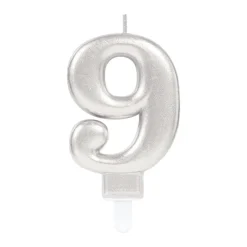 AMSCAN Świeczka cyferka 9 Sparkling Celebrations z uchwytem srebro 9,3cm 9903697