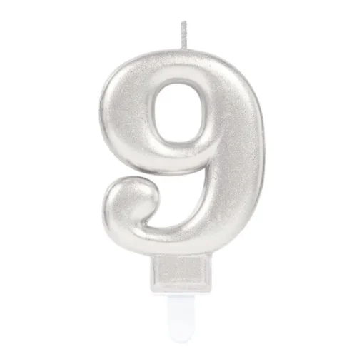 AMSCAN Świeczka cyferka 9 Sparkling Celebrations z uchwytem srebro 9,3cm 9903697