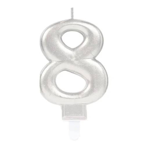 AMSCAN Świeczka cyferka 8 Sparkling Celebrations z uchwytem srebro 9,3cm 9903696