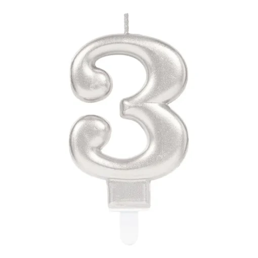 AMSCAN Świeczka cyferka 3 Sparkling Celebrations z uchwytem srebro 9,3cm 9903691
